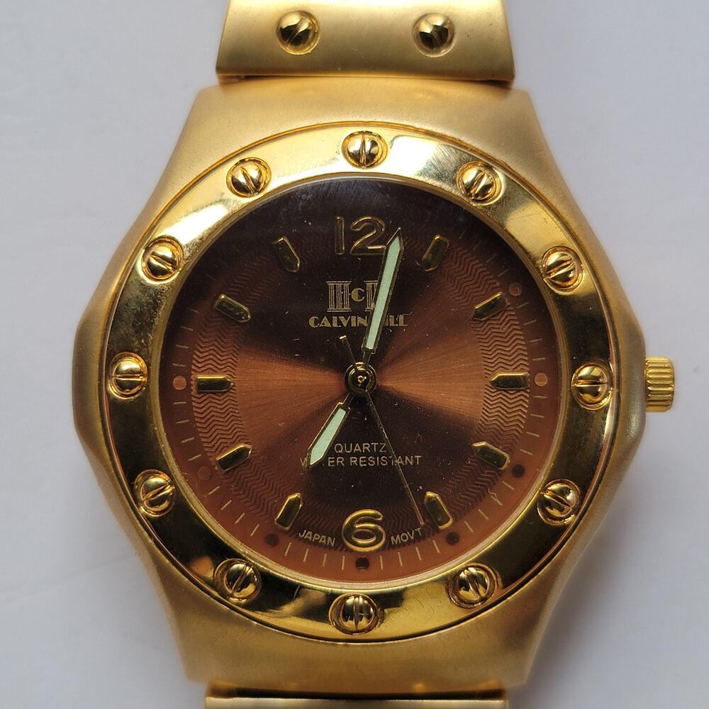 Vintage Calvin Hill Mens Watch Gold Case Brown Dial Gold Bracelet 34mm Quartz